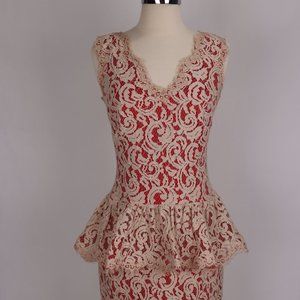 ❄️ Vtg Tadashi 80's Red Lace Illusion Fitted Bodycon Ruffled Party Dress Gown 8